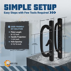 8.5" Legacy Sliding Patio Glass Door Center Latch Black Handle Set - Sash Controls 2265 + Mortise Lock 45°- Non-keyed Door Handles, Fits 3-15/16” Screw Hole Spacing and 1-1/4" to 2-1/4" Thick Doors