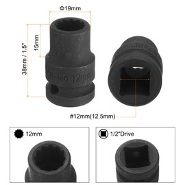 uxcell 1/2" Drive x 12mm Shallow Impact Socket 12-Point Metric CR-MO Steel Nut Impact Grade Socket for Auto Repair