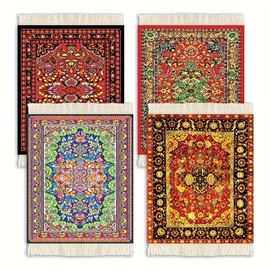 FDTCHENG Oriental Rug 4 Piece Set of Absorbent Drink Rug Coasters - Native American Style Colorful, Cute Coffee Table & Table Decoration Accessories to Prevent Drip & Slip (Vintage Aesthetic)