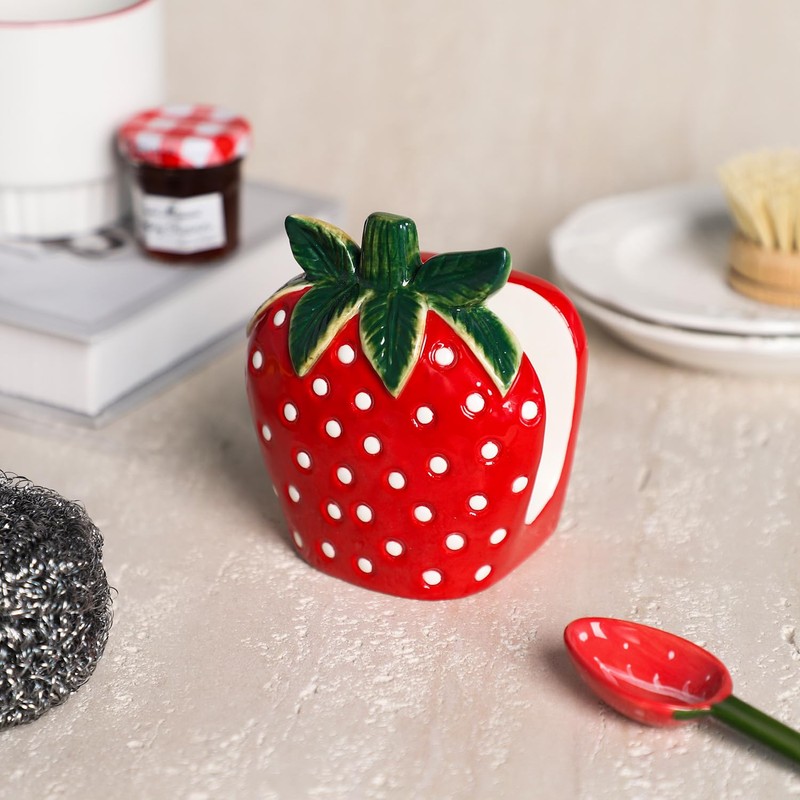 Bicuzat Ceramic Red Strawberry Shape Sponge Holder for Kitchen Sink,