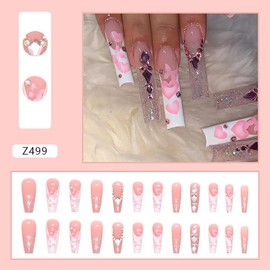 Press on Nails Long Square Length, 24Pcs Full Cover Reusable False Nails Kits, Glue On Nails with Rhinestone Designs, Artificial Fingernails Acrylic Fake Nails for Women, Stick on Nails Coffin Shape