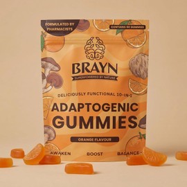Brayn Adaptogenic Mushroom Gummies 60 Count, Fruiting Body Lion’s Mane, Reishi, Cordyceps & Chaga Complex, Functional 10 in 1 Vegan Supplement for Daily Energy, Calm Focus & Balance, Orange Flavour