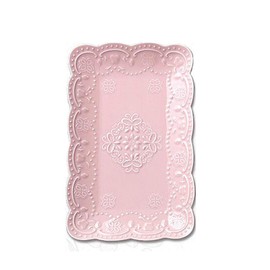 YBK Tech Elegant Rectangle Embossed Lace Plate Bone China Dessert Plate Ceramic Plate for Breakfast Afternoon Tea (Pink, 10-inch)