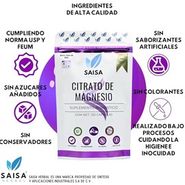 Citrato De Magnesio Puro Con 120 Cápsulas De 500 Mg C/u. | Suplemento Alimenticio | Alta biodisponibilidad | Sin sabor Saisa Herbal | Apoyo del sueño,