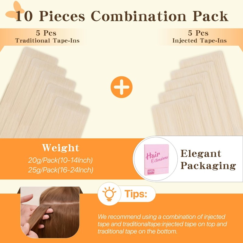 tesshair Injected Tape in Hair Extensions Human Hair 10 Pcs