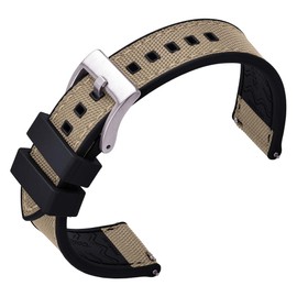 PTFULUOS Premium Upgrades Soft Hybrid (Fkm/Fpm Rubber and Sailcloth) Watch Bands for Men,20mm 22mm Waterproof Quick Release Replacement Watch Straps,Silver/Black/Gold/Rose Gold Brushed Buckle (22mm, Black Khaki+Silver Buckle)