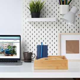 Relaxdays Bamboo Organiser with Handle, 4 Compartments, H x W x D: 6.5 x 25 x 25 cm, Storage Box for Office, Bathroom & Kitchen, Natural