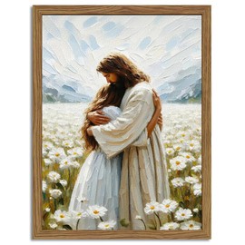 Framed 3D Textured Jesus Embracing Woman Wall Art, Jesus Hugging Woman Wall Decor Hand Drawn Sandstone Religious Christian Bible Painting Pictures for Bedroom Living Prayer Room 16x24 in Wood Framed