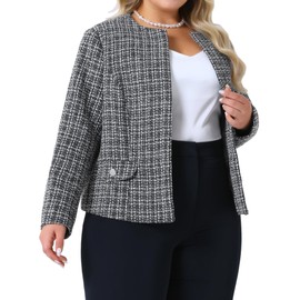 Agnes Orinda Plus Size Tweed Blazer for Women Collarless Long Sleeve Open Front Work Business Jacket Suits Casual 2025 3X Black