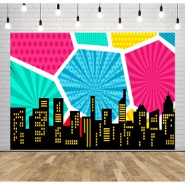 Loccor 7x5ft Fabric Super City Backdrop for Superhero Theme Party Decorations Comic Cityscape Backdrop Night City Skyline Background for Superhero Birthday Party Banner Photo Studio Props