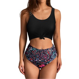ZAFUL Women's High Waisted Tankini Floral Knotted Two Pieces Bikini Set Tummy Control Swimsuit (1-Black, L)