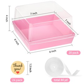 Kucoele 7 x 7 x 4 Inches Pink Paper Cake Boxes with Clear Lids, 20 Pack Square Charcuterie Boxes Disposable To Go Food Containers for 4-6 Inch Cake, Jumbo Cupcakes, Bakeries