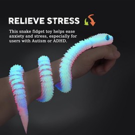 3D Printed Snake Animals Toys, Articulated Flexible 3D Printed Viper Fidget Toy, Realistic Slithering Design, Home Office Executive Desk Decor (Rainbow Glow, 24 in)