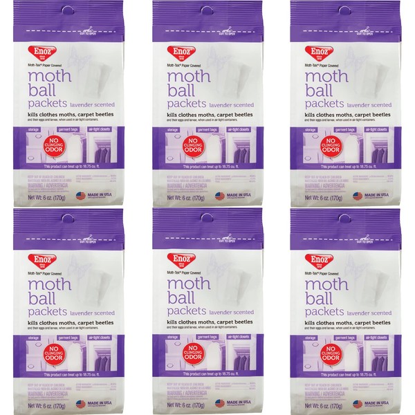 Enoz Lavender Scented Moth Ball Packets: Kills Clothes Moths, Carpet Beetles, Eggs and Larvae (6 oz Bag, 6 Pack)