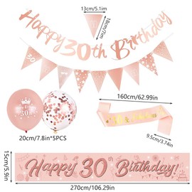 14 Pieces 30th Happy Birthday Decorations,Rose Gold 30th Birthday Party Supplies Including Happy 30th Birthday Banners Birthday Straps Triangle Flag Bunting Confetti Latex Balloons (30th Birthday)