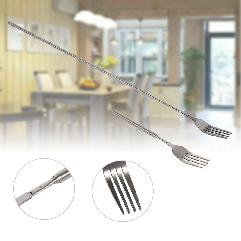 Agatige 2Pcs Extendable Fork, Telescopic Long Handle Cutlery Forks Stainless
