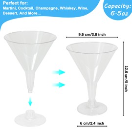 Gabaro 50 Pack Plastic Martini Glasses with 100 Cocktail sticks, 6.5oz Disposable Cocktail Glasses, Reusable Dessert Cups Clear Stemmed Shot Glasses for Party Wine, Champagne, Margarita and Appetizers