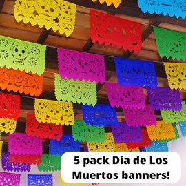 MexFabricSupplies Dia de Los Muertos Papel Picado, Day of The Dead Banners, 5 Pack|Tissue Paper