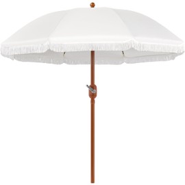 Yaheetech 9ft Patio Umbrella with Tassels, Fringe Portable Beach Umbrella, Umbrella Outdoor Patio with Crank Operating Mechanism, Tilting Aluminum Pole, Fiberglass Ribs For Garden, Pool, Cream