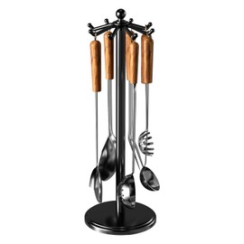 MAYZOLOP Kitchen Countertop Utensil Holder, Stainless Steel Rotatable Cooking Utensils Holder with 8 Rotating Hooks, Hanging Organizer for Spoon, Spatula, Black