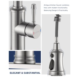DAYONE Antique Kitchen Sink Faucet with Pull Down Sprayer, Brushed Nickel 3 Modes Stainless Steel Spring Vintage Sink Faucet for Kitchen Bar Camper 1 or 3 Holes