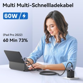 enablink 6 in 1 Multi USB C Ladekabel, 60W USB Kabel Mehrfach Schnellladekabel con LED Display USB A/C auf iP/Micro/Typ C Nylon Universal Aufladekabel für Galaxy S21/S20 Laptop Tablet Handy 1.2M
