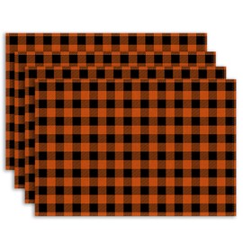 4 Pieces Fall Orange Black Buffalo Plaid Placemats 12x18 Inch Thanksgiving Table Mats Farmhouse Thanksgiving Autumn Decorations for Indoor Outdoor Party Washable Table Mat