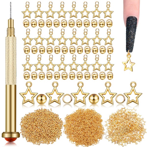 2101 Pieces Dangle Nail Art Charms, Include 1000 Pcs Nail Jewelry Rings, 1000 Pcs Beaded and 100 Pcs Star Accessories with Nail Piercing Tool Hand Drill for Nails Tip Gel Decor (Gold)