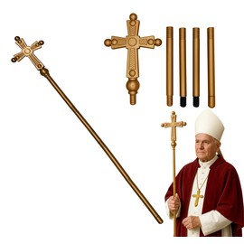 Nicky Bigs Novelties Gold Pope Cross Staff - Adjustable 5 Piece 54-Inch Tall Hollow Bishop Prop - Adult Halloween Cosplay Costume Accessory, Gold, One Size