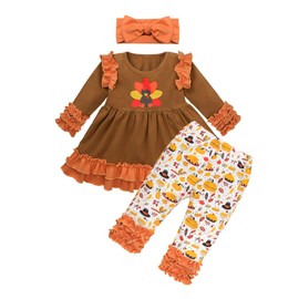Toddler Thanksgiving Baby Girl Outfit Turkey Tutu Dress + Printing Pants + Headband 3PC Outfits Set 12-18M Brown