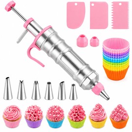Dessert Decorating Syringe Set, 24Pcs Frosting Piping Kit with 6 Piping Tips, 12 Silicone Cupcake, Stainless Steel Cupcake Decorating Kit Piping Bags and Tips Set