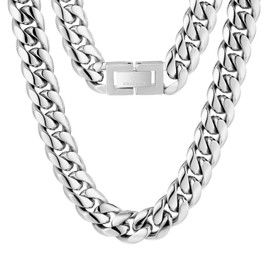 KRKC&CO 14mm Cuban Link Chain, Silver Color Stainless Steel Men's Necklace, Anti-Tarnish Anti-Allergies, Miami Curb Chains Hip Hop Necklace for Men Homme(14mm-Satin Silver, 20)