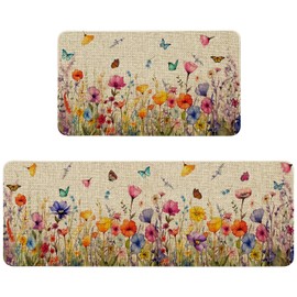 Spring Summer Kitchen Mats for Floor 2 Piece, Colorful Floral Spring Kitchen Rugs Sets of 2 Non Slip Washable Indoor Home Decor