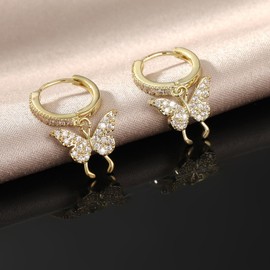 Gold Huggie Earrings with Charm Small Hoop Earrings Shiny Zircons 18K Gold Plated Statement Starfish/Star/Heart/Butterfly/Cross/Lightning/Saturn Drop Dangle Earrings for Women/Men