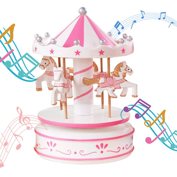 MINGZE Carousel Music Box, Music of Castle in the Sky, 11 Colors, Clockwork Vintage Merry-Go-Round Toy Birthday/Christmas/Decoration/Children Gifts (Flower-pink)