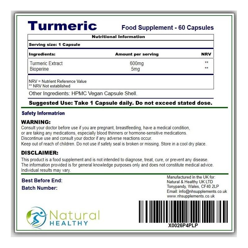 Turmeric with Black Pepper – 60 Vegan Capsules – 600mg