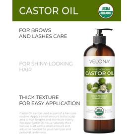 velona Aceite de ricino orgánico certificado USDA de Velona, 16 onzas (con bomba), para el crecimiento del cabello, pestañas y cejas, prensado en frío, aceite natural, grado USP, sin hexano, suero para crecimiento de pestañas, ruedas