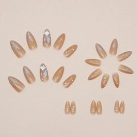 Hkanlre Press on Nails Medium Gold Fake Nails Tips Full Cover Almond False Rhinestones Nails for Women 24PCS