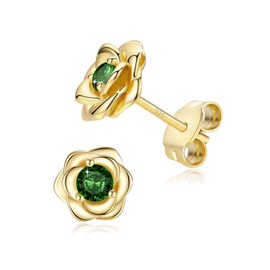 Rose Flower Gold Plated Stud Earrings For Women 925 Sterling Silver Post,Birthstone Cubic Zirconia Hypoallergenic & Nickel Free Jewelry Yellow Gold Plated Emerald Green