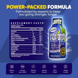Vitamin Energy Extra Strength Energy Drink Shots | Natural Nutrients to Energize & Support Immune System | Sugar & Carb-Free | Immunity Formula | up to 7+ Hours | Blue Raspberry - 1.93 fl oz - 24 Ct