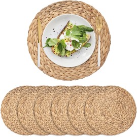 6 Pack Woven Placemats, Round Wicker Placemats, Rattan Place mats, Natural Hand-Woven Water Hyacinth Table Mats, Braided Straw Table Mats for Dining Table (15 inch)
