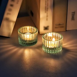 VOHO Blue Ribbed Candle Holder for Christmas Decorations, Tealight Candle Holder Set of 12 for Boy Baby Shower, Glass Tea Lights Candle Holder Wedding Centerpieces for Tables