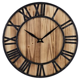 Red Oak 16-Inch Rustic Vintage Metal & Wood Silent Non-Ticking Decorative Wall Clock with Large Roman Numerals