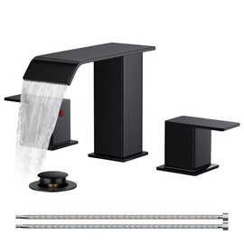 FORIOUS Bathroom Faucets 3 Hole,Matte Black 8 Inch Widespread Bathroom Sink Faucet Waterfall Spout, with Pop Up Drain and Water Supply, Suitable for Vanity Rv Commercial Lavatory Restroom