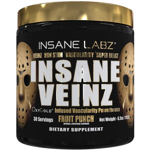 Insane Labz Insane Veinz Gold, Nitric Oxide Non Stimulant pre Workout Powder, Loaded with Hydromax, Nitrosigine, Increases Vascularity and Blood Flow, 30 Srvgs, Fruit Punch