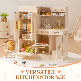 ROBUD Wooden Play Kitchen, Kids Kitchen Playset, Toy Kitchen Set with 19 Realistic Accessories, Ideal Gift for Kids & Toddlers, Age 3+ (White)