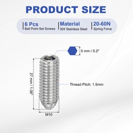 PATIKIL M10x25mm Ball Point Set Screws, 6 Pcs 304 Stainless Steel Hex Socket Spring Ball Point Grub Screws for Industrial Machine Home Furniture Workplaces, Silver