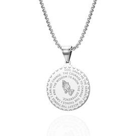 RINTOLER Bible Verse Serenity Prayer Necklace Christian Jewelry Stainless Steel Coin Medal Our Father Lord's Prayer Necklace Prayer Hands Coin Medal Pendant with 24in Rope Chain (Bible Pendant - Silver)