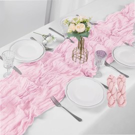 Pink Table Runner, Blush Pink Cheesecloth Table Runner, 90x300cm Rustic Gauze Fabric Boho Table Cover for Wedding Party Banquet Decorations