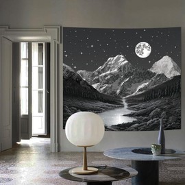 Black and White Mountain Tapestry for Bedroom Aesthetic, Black Large Moon Forest Wall Tapestries for Men, Cool Winter Snow Starry Sky Night Tapestry for Living Room Dorm Office Home Decor 60in X 79in